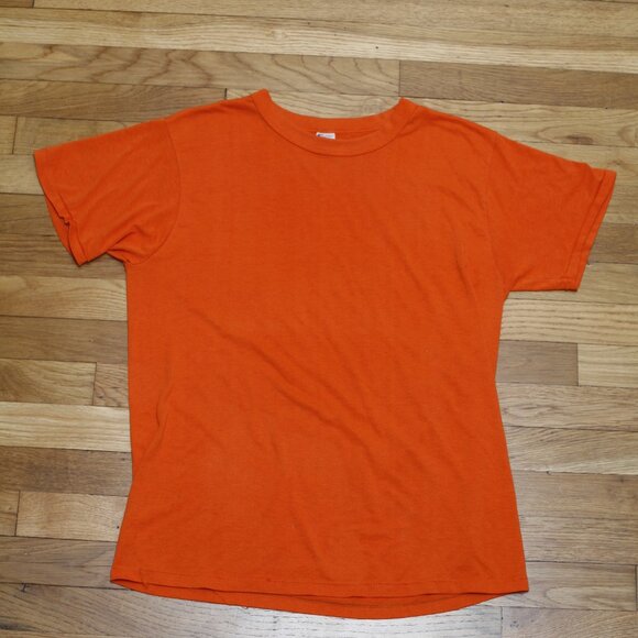 Vintage Champion Blank Single Stitch T Shirt Medium Large Orange Blue Bar - Picture 2 of 5